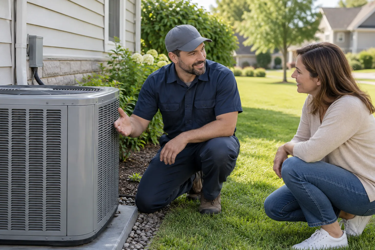 A homeowner in Fall River talking with an HVAC provider next to an outdoor air conditioner